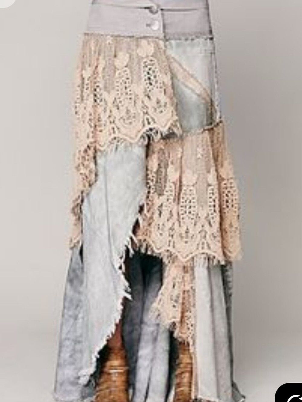 A Rare Bird Boho Chic Frayed Denim & Crochet Lace Layered Skirt Pants XL - Picture 3 of 11